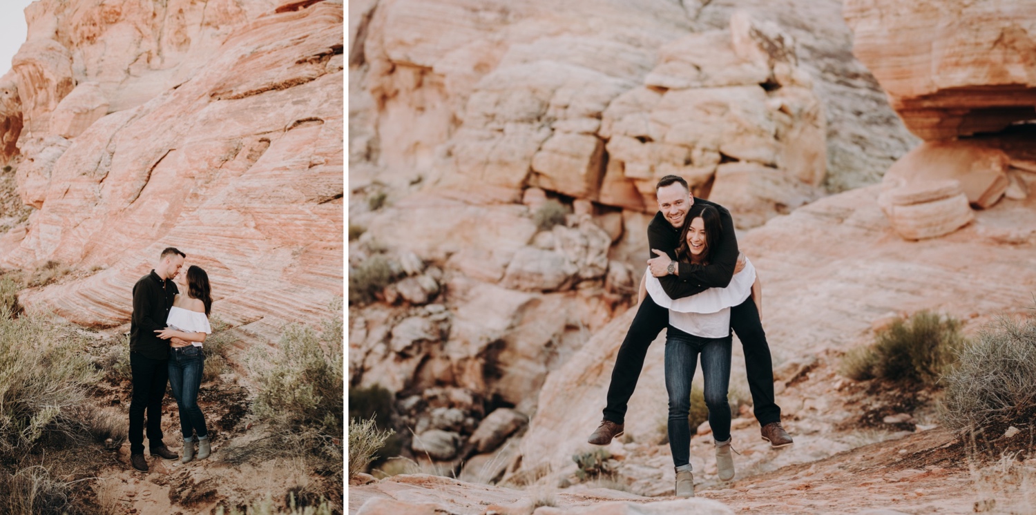 Piggy back ride engagement photos in Valley of fire state park near Las Vegas Nevada 