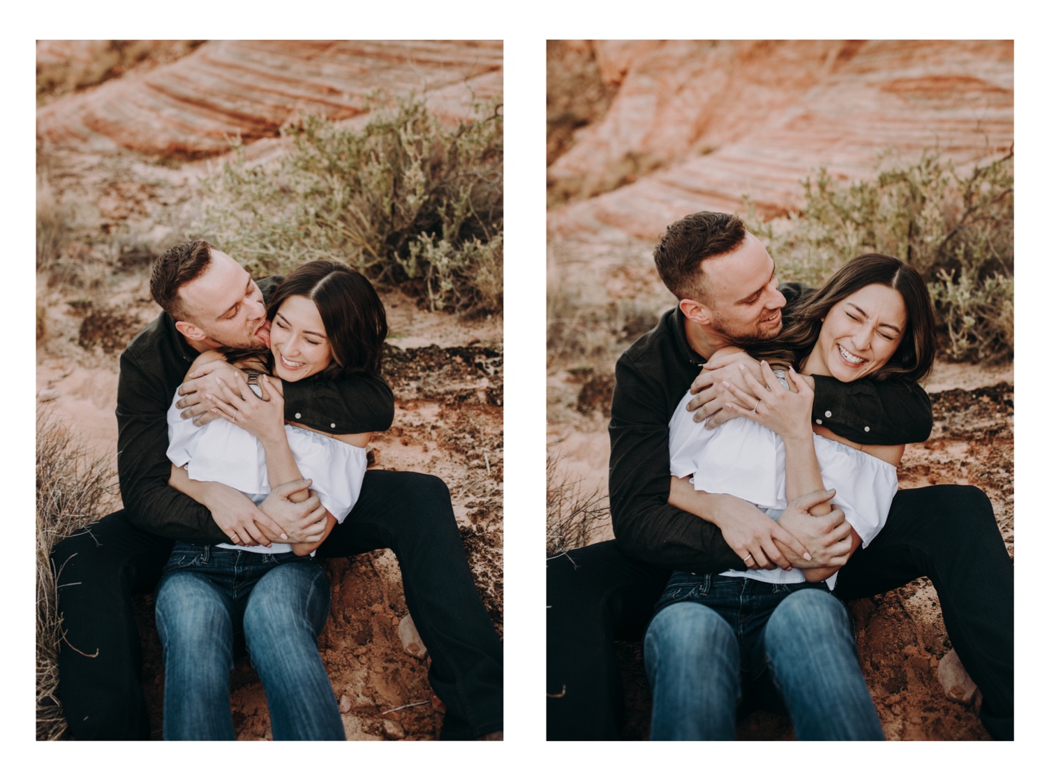 Close cuddling engagement photos in Valley of fire state park near Las Vegas Nevada 