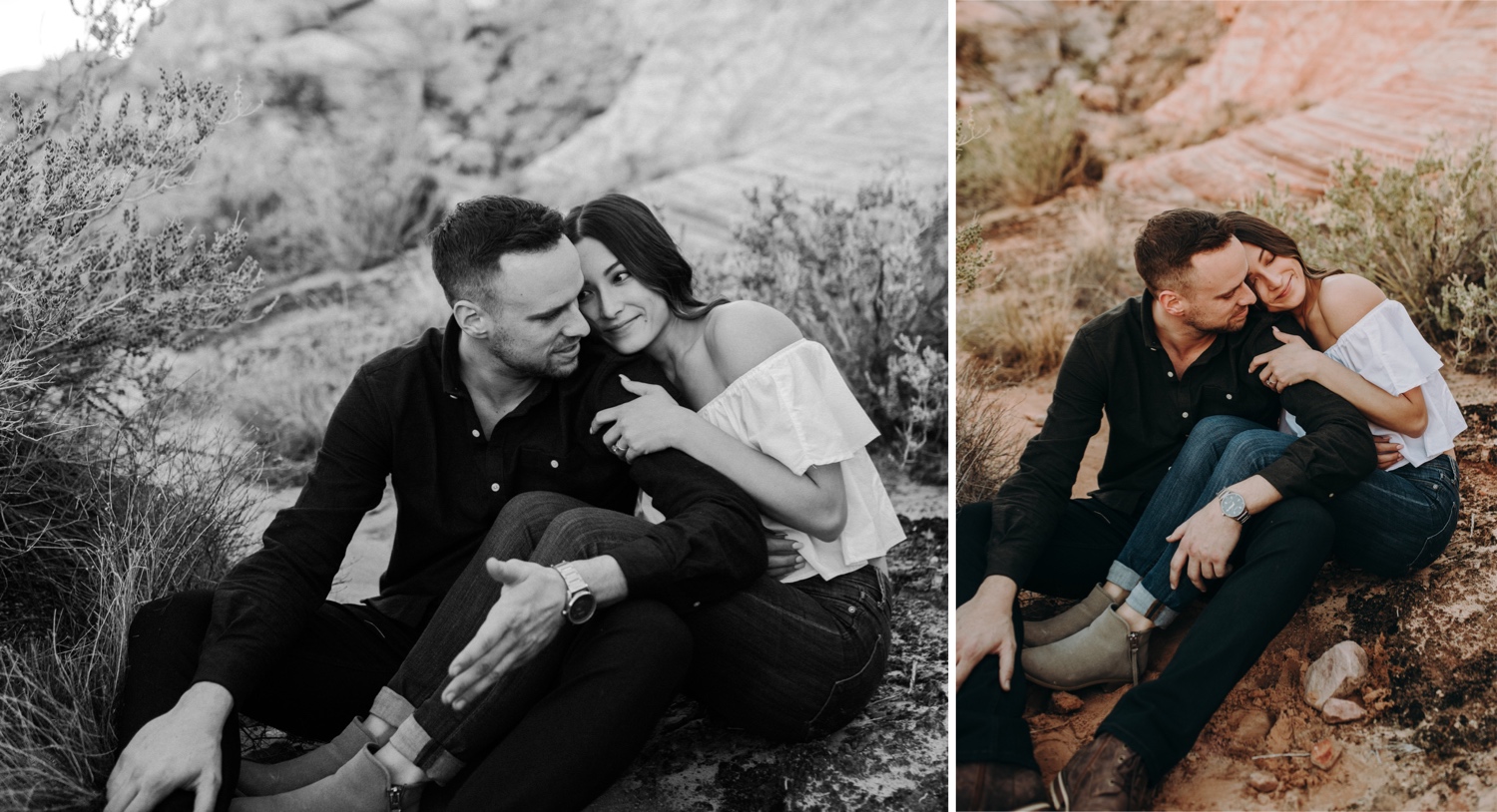 cuddling engagement photos in Valley of fire state park near Las Vegas Nevada 