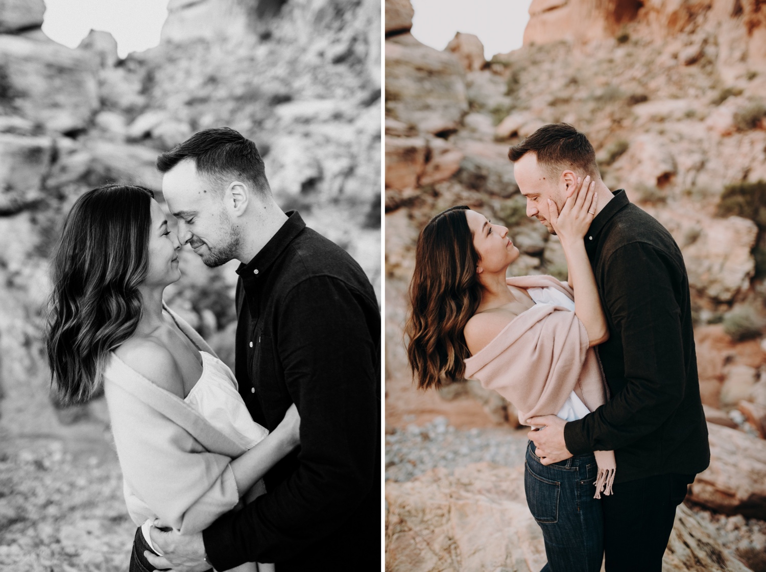 Cuddling engagement photos in Valley of fire state park near Las Vegas Nevada 