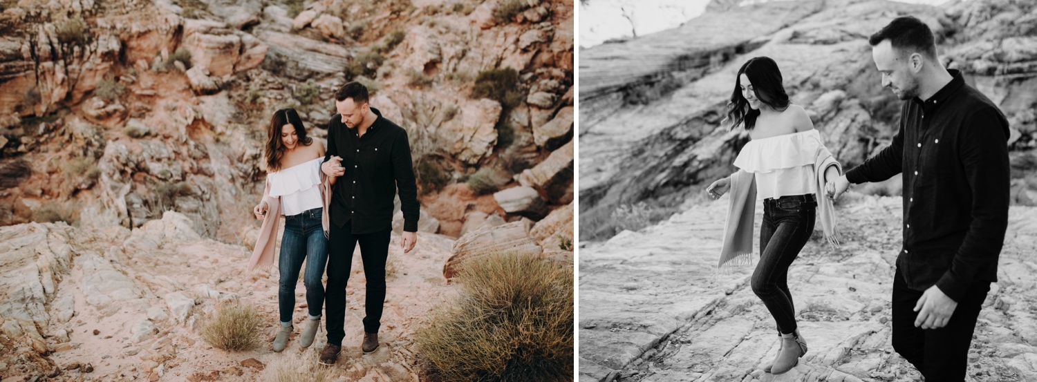 Walking engagement photos in Valley of fire state park near Las Vegas Nevada 