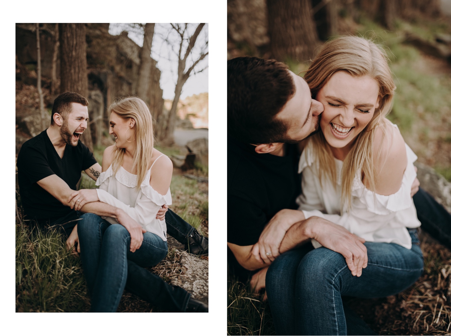Kissing and laughing engagement photos in interstate state park in Minnesota. 