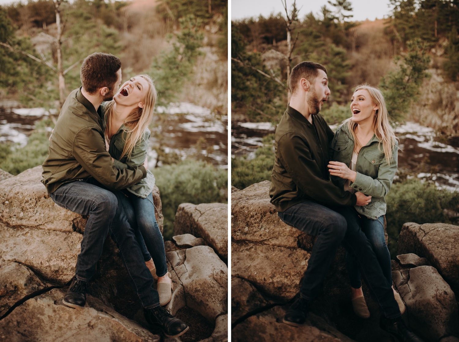 Laughing at the top of the interstate state park trail for engagement photos. 