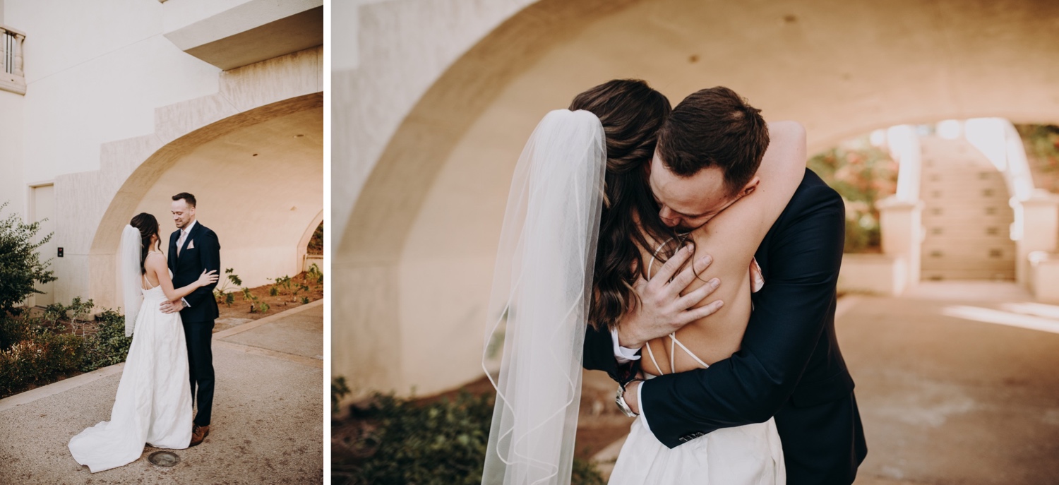 Emotional first look photos of bride and groom.  Wedding at reflection bay golf club in henderson nevada. 