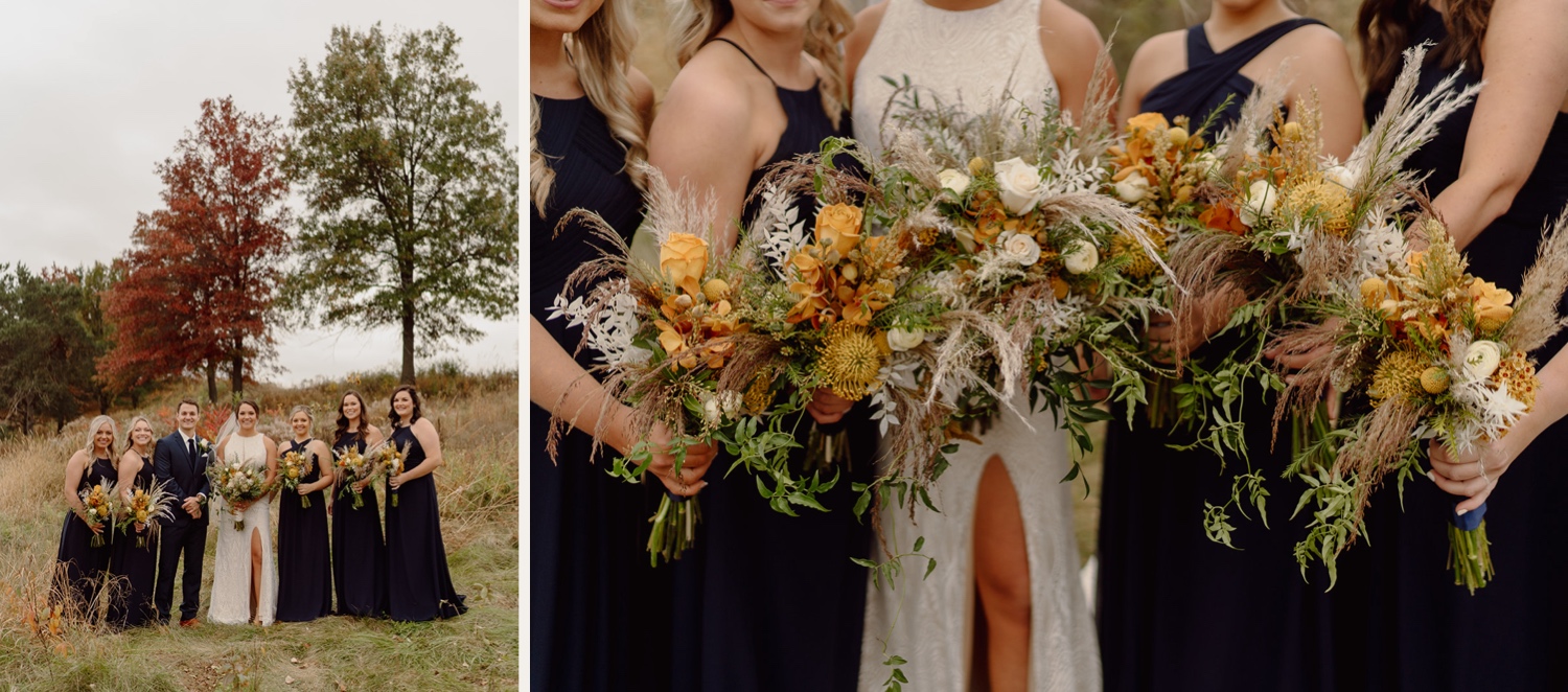 Moody navy and gold wedding party photos at Royal Golf club wedding in the fall. 