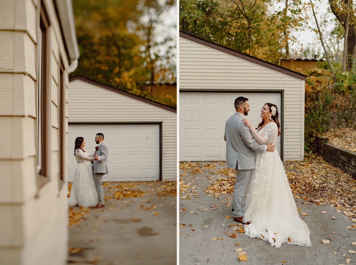 Photos of a bride and groom doing their first dance in their front yard. Fall leaves all over the ground.
