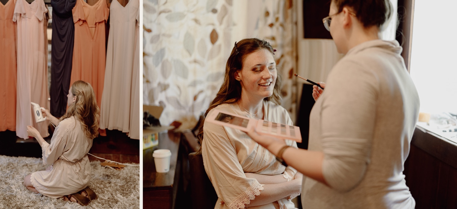 Bride getting ready for wedding at Mayowood Stone Barn in Rochester, Minnesota