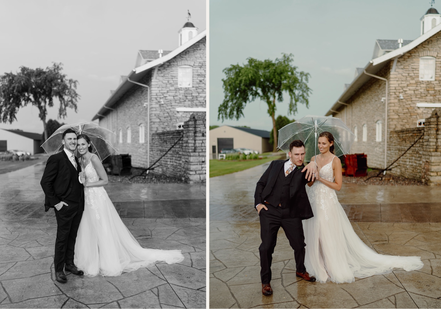 Rainy bride and groom photos at Mayowood Stone Barn in Rochester, MN. 