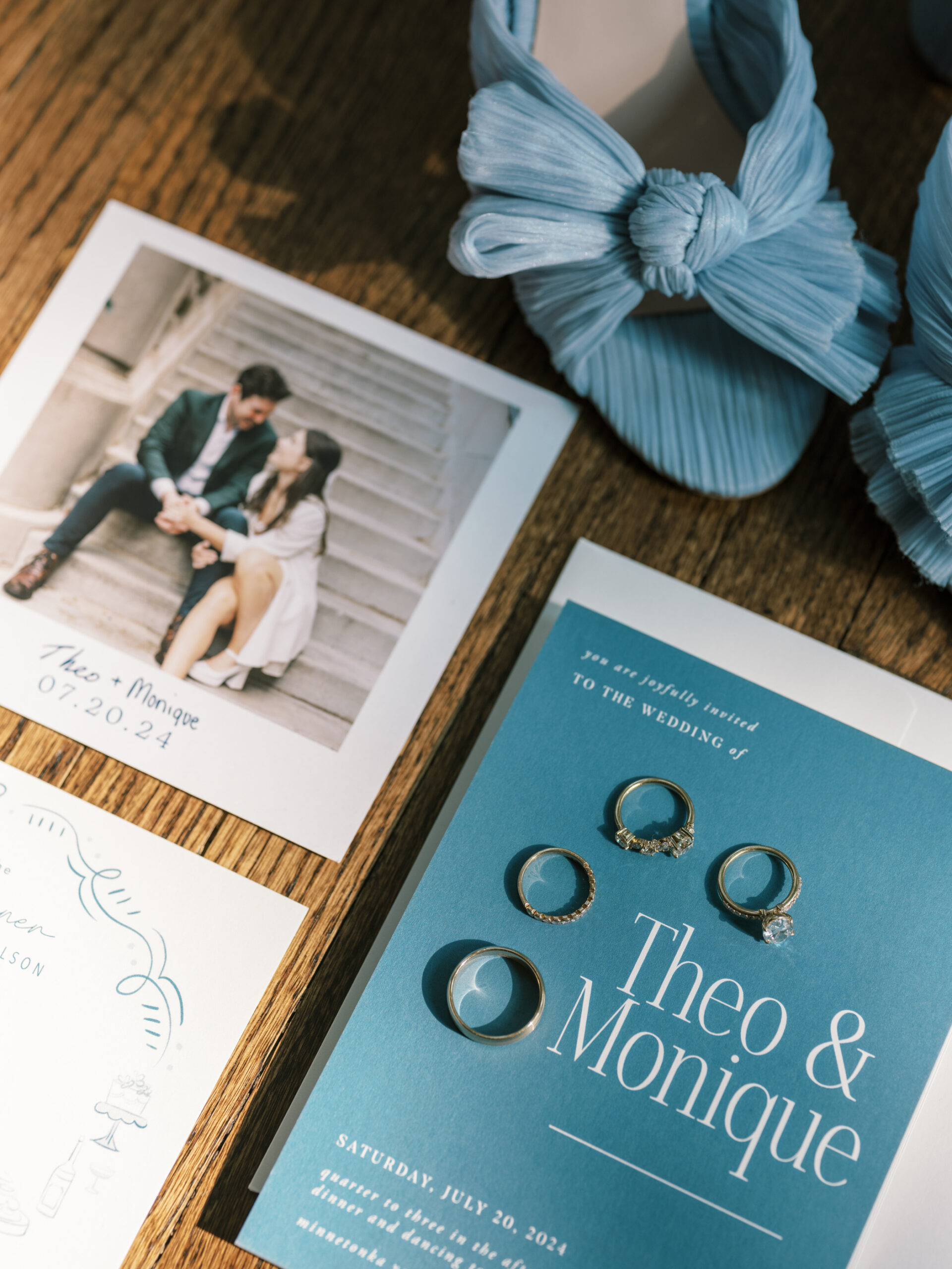 wedding invites, rings, and shoes