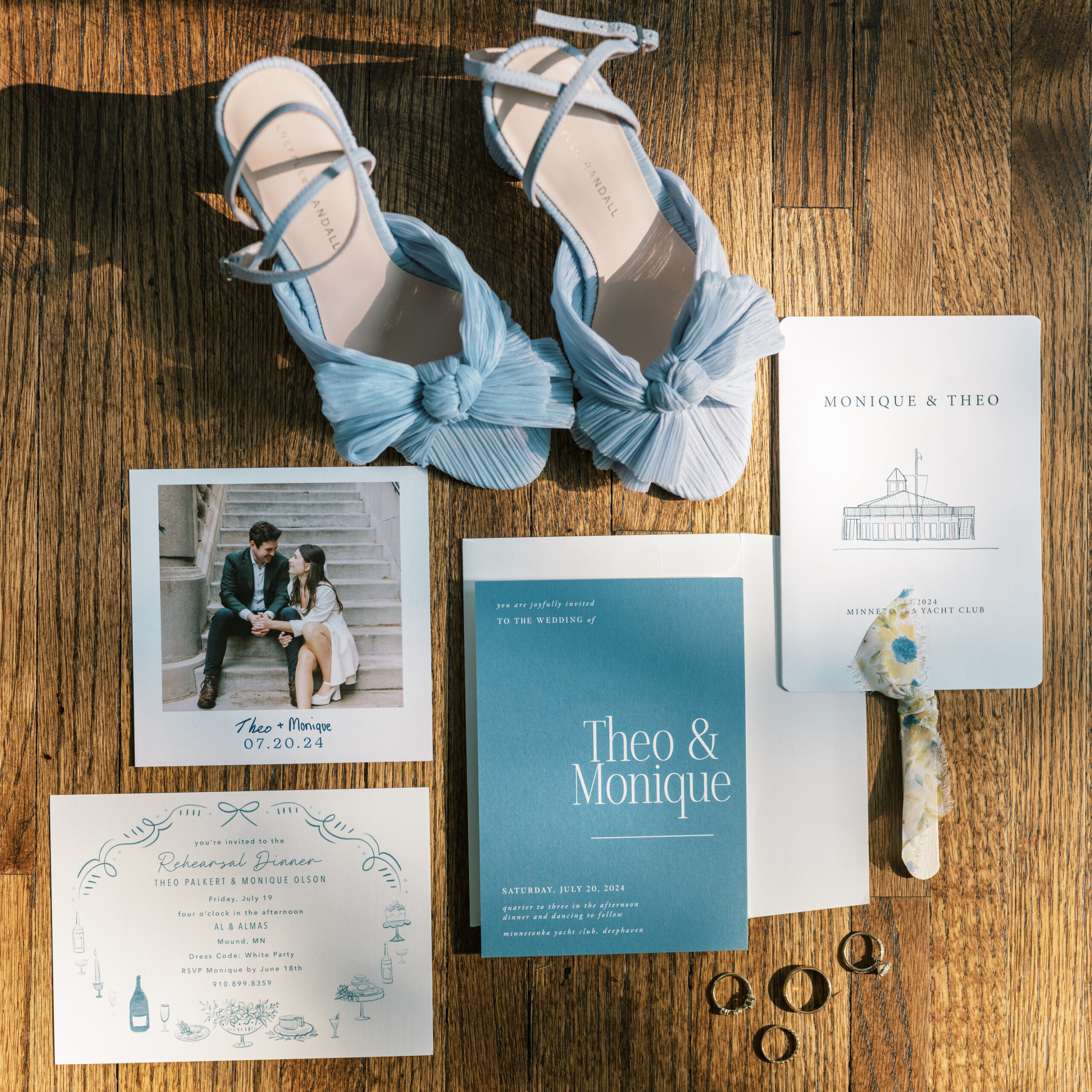 wedding invites, shoes and rings at wedding at minnetonka yacht club