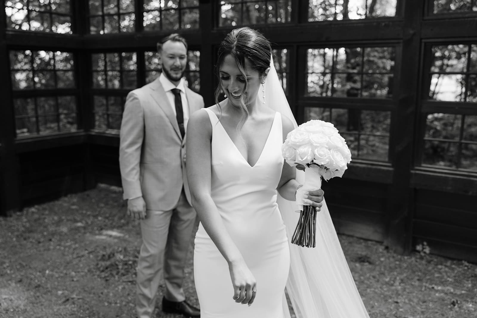 Bride and groom first look portraits at ivory north wedding in Mora, MN, photographed by Tom Thornton. 