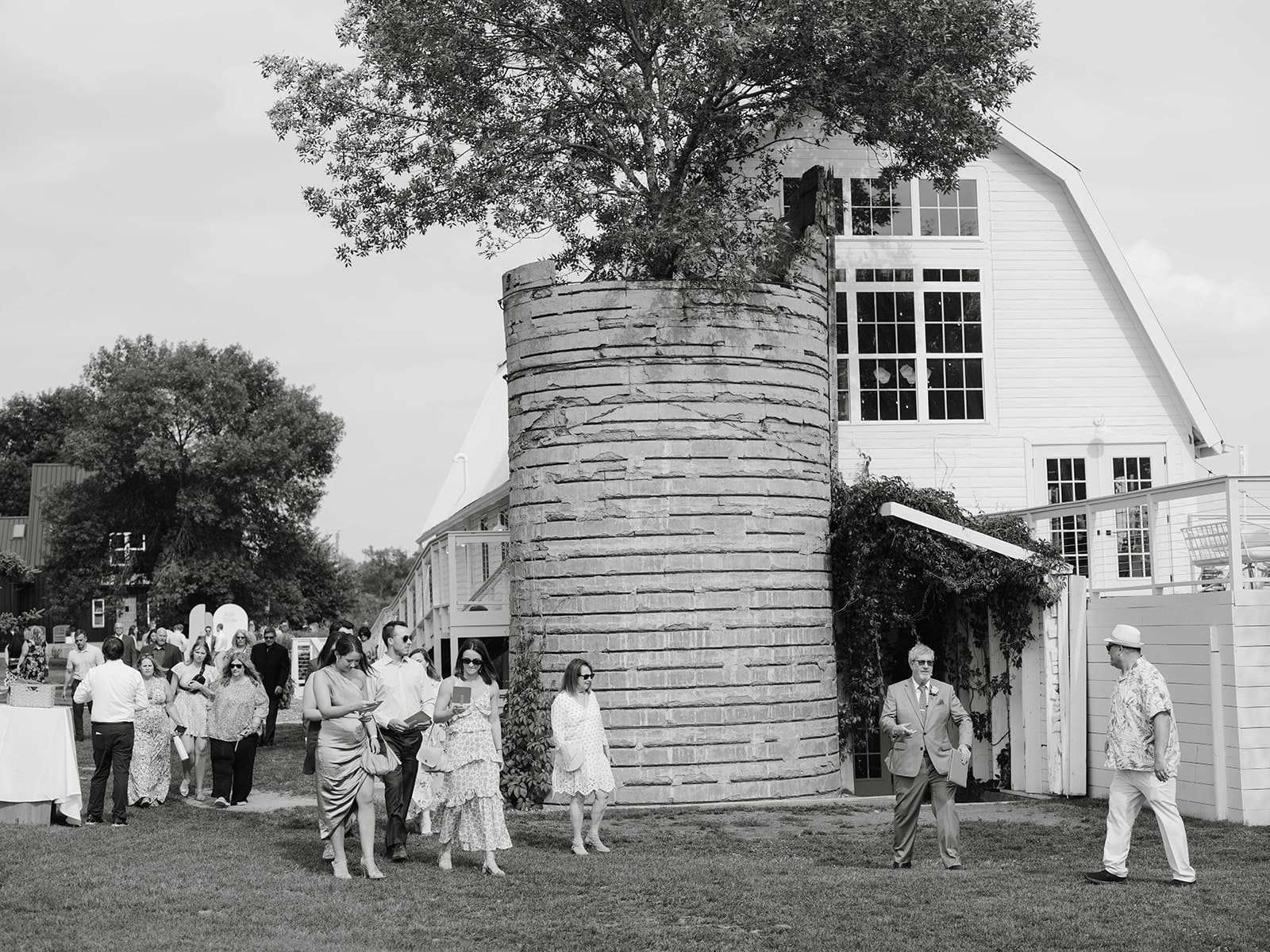 A photo of guests and wedding buildings at ivory North co in the summer. 